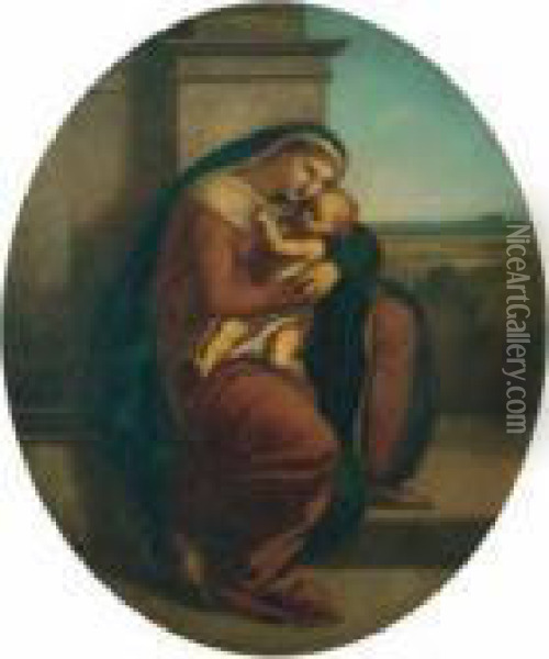 Madonna Mit Kind Vor Architektur Und Landschaftlichem Hintergrund. Oil Painting - Anselm Feuerbach