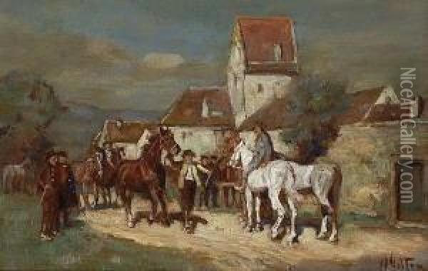 Pferdemarkt Vor Dem Dorf. Oil Painting - Wilhelm Velten