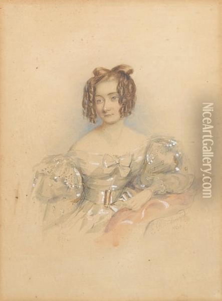 Mary Scriven (d.c.1849), Wearing
 Cream Dresswith Lace Shoulder Caps, Short Puffed Sleeves And Long 
Gauzeoversleeves, Gold Belt Buckle And Knotted Ribbon Corsage, Her 
Brownhair Worn In Ringlets. Oil Painting - Francois Theodore Rochard