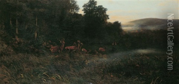 Es Taget Schon. Rotwild Am Waldrand Bei Sonnenaufgang. Oil Painting - Christian (Johann Christian) Kroener