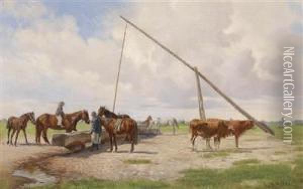 Pustza Scene With Horses Oil Painting - Hermann Reisz