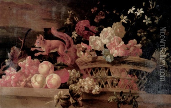 A Still Life Of A Basket Of Flowers, Beside Which A Red Squirrel Leaps Over Peaches And Grapes Resting On A Stone Ledge Oil Painting - Pieter Casteels III