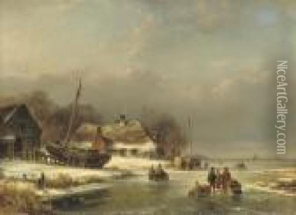 Figures On The Ice Near A Wharf Oil Painting - Lodewijk Johannes Kleijn