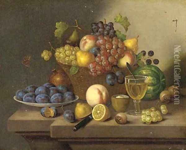 A still life of grapes, pears and apples in a wicker basket and plums, lemons and a peach on a ledge Oil Painting - Continental School