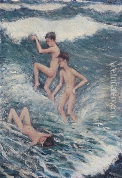 Three Boys Bathing In The Sea Oil Painting - Christopher Richard Wynne Nevinson
