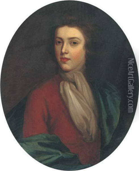 Portrait Of A Gentleman, Bust-length, In A Brown Coat And Bluewrap Oil Painting - Sir Godfrey Kneller