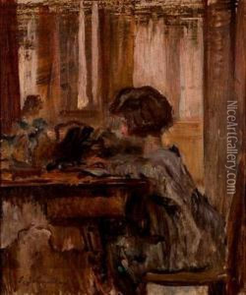 Marcelle Etudiant Dans Le Hall, Quai Saint Thomas Oil Painting - Emile Schneider
