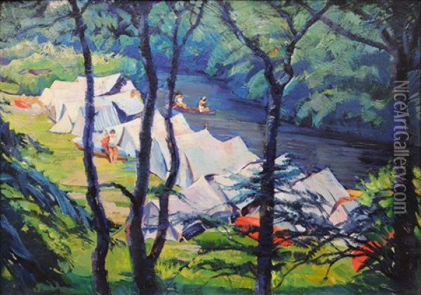 Tents And Canoeists At The Upper Alster Oil Painting - Eduard Steinbach