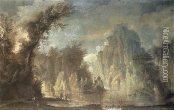 Paesaggio Lacustre Con Alte Montagne Ed Alberi Oil Painting - Giuseppe Bernardino Bison