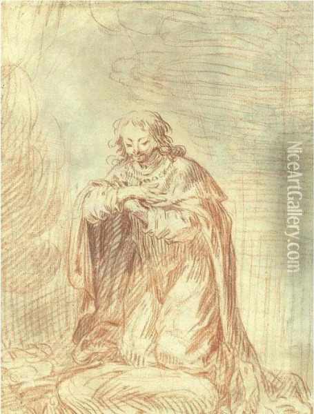 Recto: Man Kneeling In Prayer 
(st. Louis) Verso By Another Hand: Couple From Commedia Del' Arte Oil Painting - Watteau, Jean Antoine
