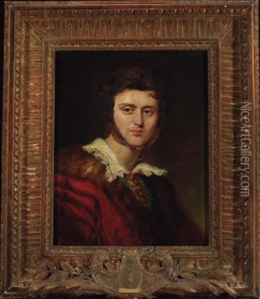 Portrait Of A Gentleman, 
Traditionally Identified As Countalexander Walewski, In A Red 
Fur-trimmed Coat And White Lacecollar Oil Painting - Sir George Hayter