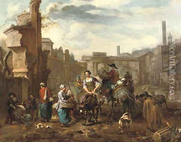 Marketeers on mules and other figures among ancient ruins in a town square Oil Painting - Hendrik Mommers