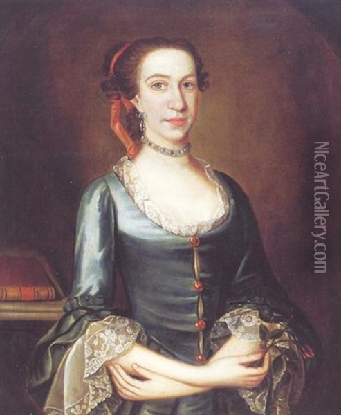 Colonial Woman Holding A Rose (portrait Of Miss Jacobs, Charleston, South Carolina) Oil Painting - Jeremiah Theus