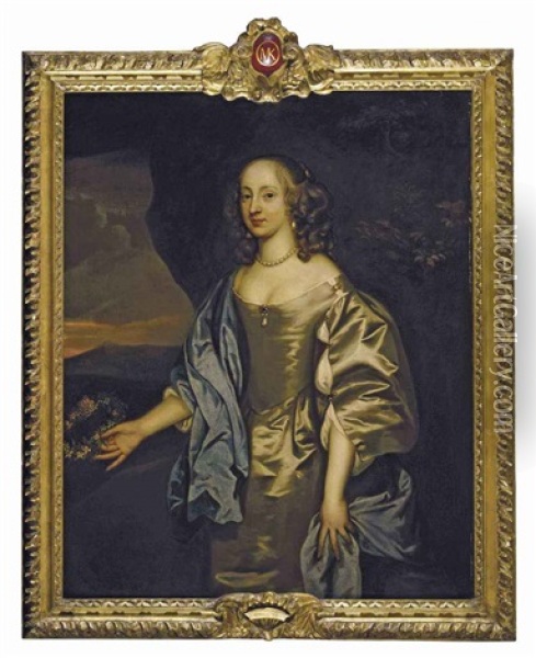 Portrait Of Lady Mary O'kenealy In An Oyster Satin Dress With A Blue Mantle, Holding A Garland Of Flowers, In A Landscape Oil Painting - John Hayls