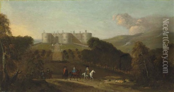 A View Of Chirk Castle With Elegant Figures On Horseback In The Foreground Oil Painting - Peter Tillemans