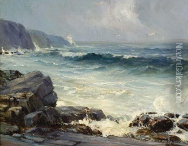 Waves Breaking Along A Rocky Coast Oil Painting - Leon Lundmark