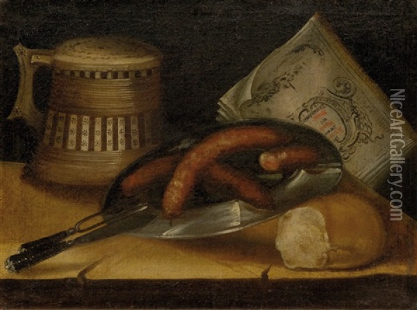 Still-life With Bread, Sausage And Tankard Oil Painting - Sebastian Stosskopf
