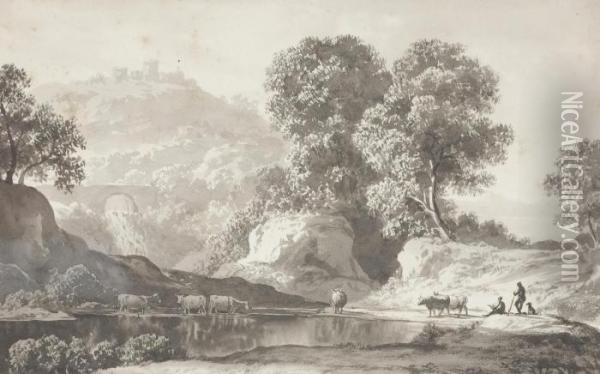A View Of Cattle And Herdsmen, Grisaille Oil Painting - John Glover