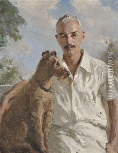 Portrait Of Milton H. Bird With His Champion Irish Terrier Kelvin Colleen Oil Painting - Ernest Ludwig Ipsen