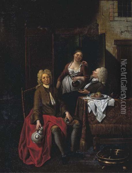 Two Gentlemen Seated At A Table, With Female Company Oil Painting - Jean Baptiste Lambrecht