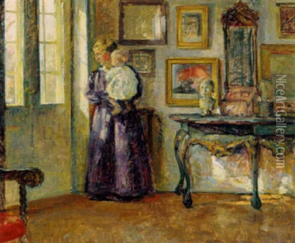 Interior Med Kvinde Og Barn Oil Painting - Sigurd Wandel