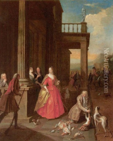 Elegant Figures Gathered Before A Portico After Returning From A Hunt Oil Painting - Josef van Aken