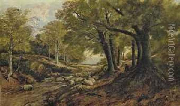 A Shepherd And His Flock Resting In A Shady Glen Oil Painting - Frederick William Hulme