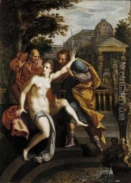 Susannah And The Elders Oil Painting - Frans I Vriendt (Frans Floris)