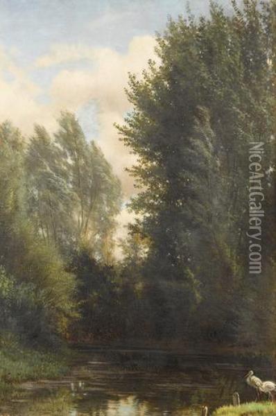 Flusspartie Im Wald Mit Storchen. Oil Painting - Jacques J. Leopold Loustau