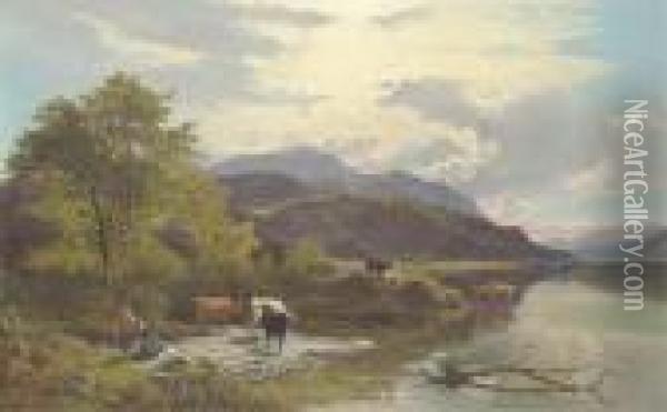 Mountain Landscape With Figures And Cattle By A Lake Oil Painting - Sidney Richard Percy