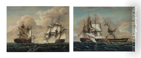 A Pair Of Naval Battle Scenes: United States Vs. Macedonian And Constitution Vs. Guerriere Oil Painting - Michele Felice Corne