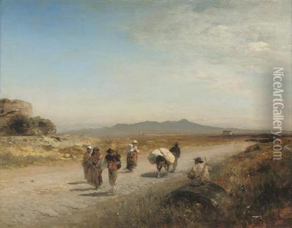 Travellers On The Roman Campagna Oil Painting - Albert Flamm