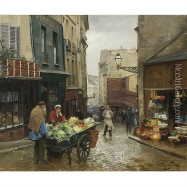 Market On The Rue Mouffetard, Paris Oil Painting - Victor Gabriel Gilbert