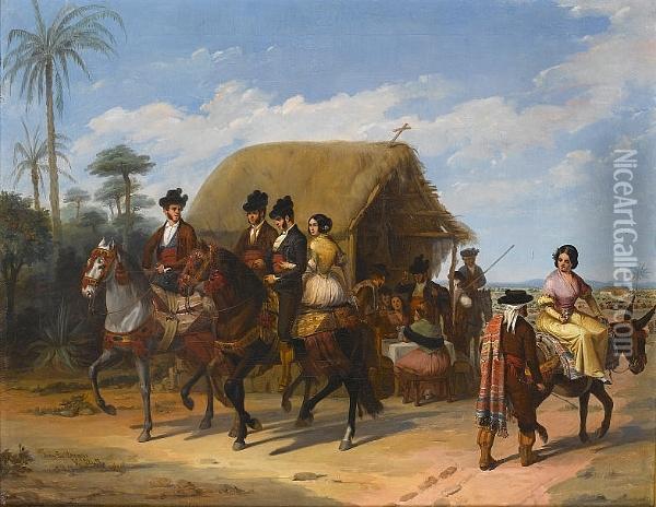 The Picnic; Riders Passing By A Tavern Oil Painting - Joaquin Dominguez Becquer