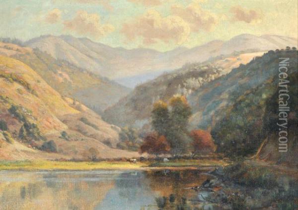 Landscape With Lake, Cattle And Mountains Oil Painting - Ludmilla P. Welch