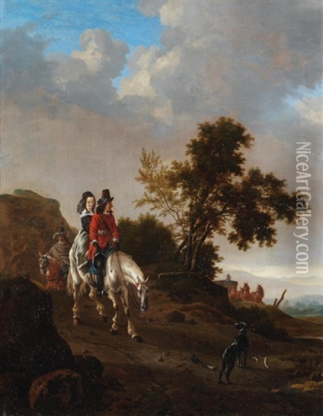 A Hilly Landscape With Travellers Riding On A Path Oil Painting - Pieter Cornelius Verbeeck
