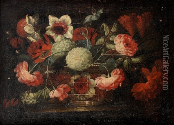 A Still Life Of Roses, Poppies, Chrysanthemums And Other Flowers In A Basket On A Stone Ledge; And A Still Life Of Roses, A Tulip, A Carnation And Other Flowers In A Basket On A Stone Ledge Oil Painting - Jose De Arellano