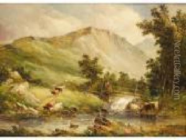 Cattle Watering In A Mountain Landscape Oil Painting - Alfred Vickers