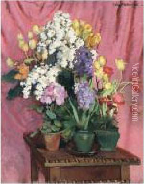 Harbingers Of Spring: Tulips, Lilac, Hyacinths And Primroses Oil Painting - Jozef Mehoffer