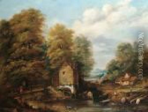 Figures Before A Mill, Derbyshire Oil Painting - William Frederick Witherington
