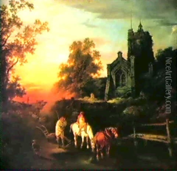Sunset Evening - The Curfew Tolls The Knell Of Parting Day Oil Painting - Philip James de Loutherbourg