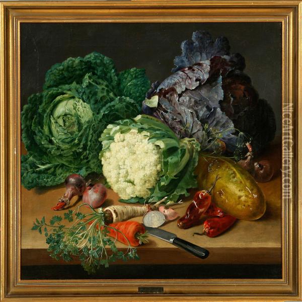A Still Life With Cabbage, Onions And Other Herbs On A Table Oil Painting - Johannes Ludwig Camradt
