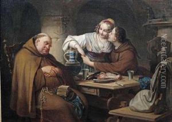 In A Cellar. 
Sleeping Friar With Lovers. Oil Painting - Carl Schorn