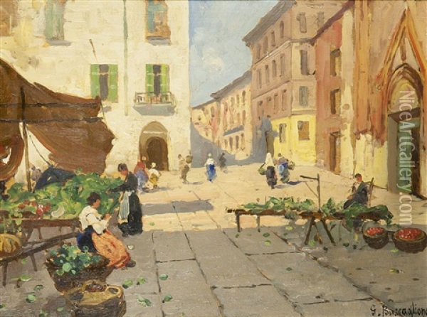 La Piazza Del Mercato Di Chivasso Oil Painting - Giuseppe Buscaglione