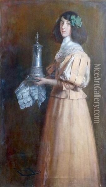 Jeune Femme Du Siecle D'or Tenant Une Aiguiere En Argent Oil Painting - Roman Ribera Cirera