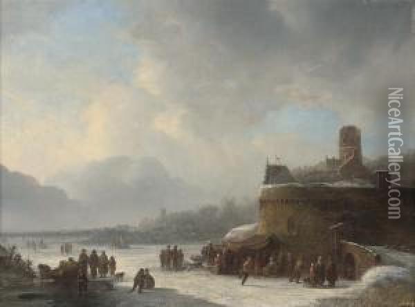 Skaters At A Fort Oil Painting - Jacobus Van Der Stok