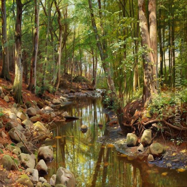 Woodland Scene With A Stream Oil Painting - Peder Mork Monsted