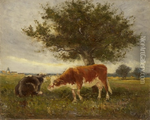 Landschaft Mit Baumen Und Kuhen Oil Painting - Louis Aime Japy