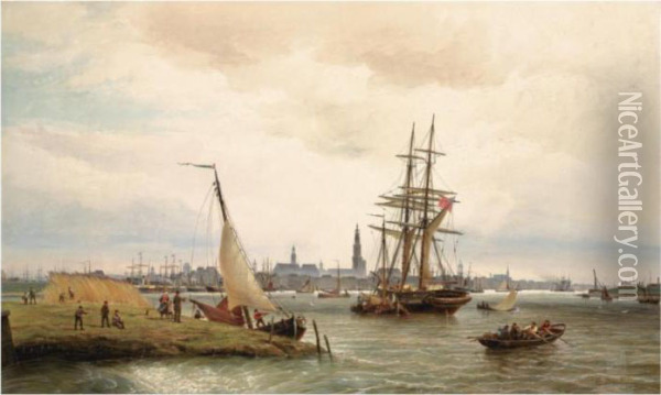The Harbour Of Antwerp With A 
View From The Left Bank Over The River Scheldt And The Onze Lieve Vrouw 
Cathedral In The Background Oil Painting - Cornelis Christiaan Dommersen