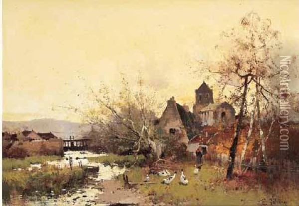 < Village En Bord De Riviere >. Oil Painting - Eugene Galien-Laloue